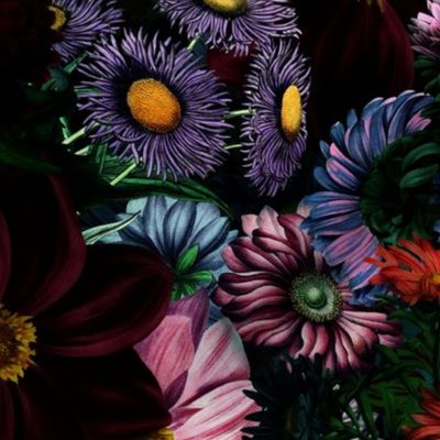 Nostalgic Dark Midnight Flower Garden - Dahlias - Asters All Kind of Fall Flowers - black moon light