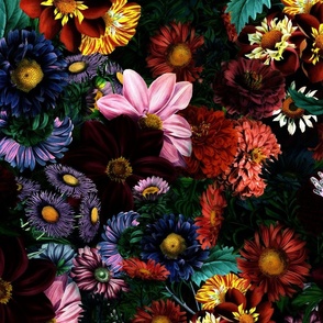 Nostalgic Dark Midnight Flower Garden - Dahlias - Asters All Kind of Fall Flowers - black moon light