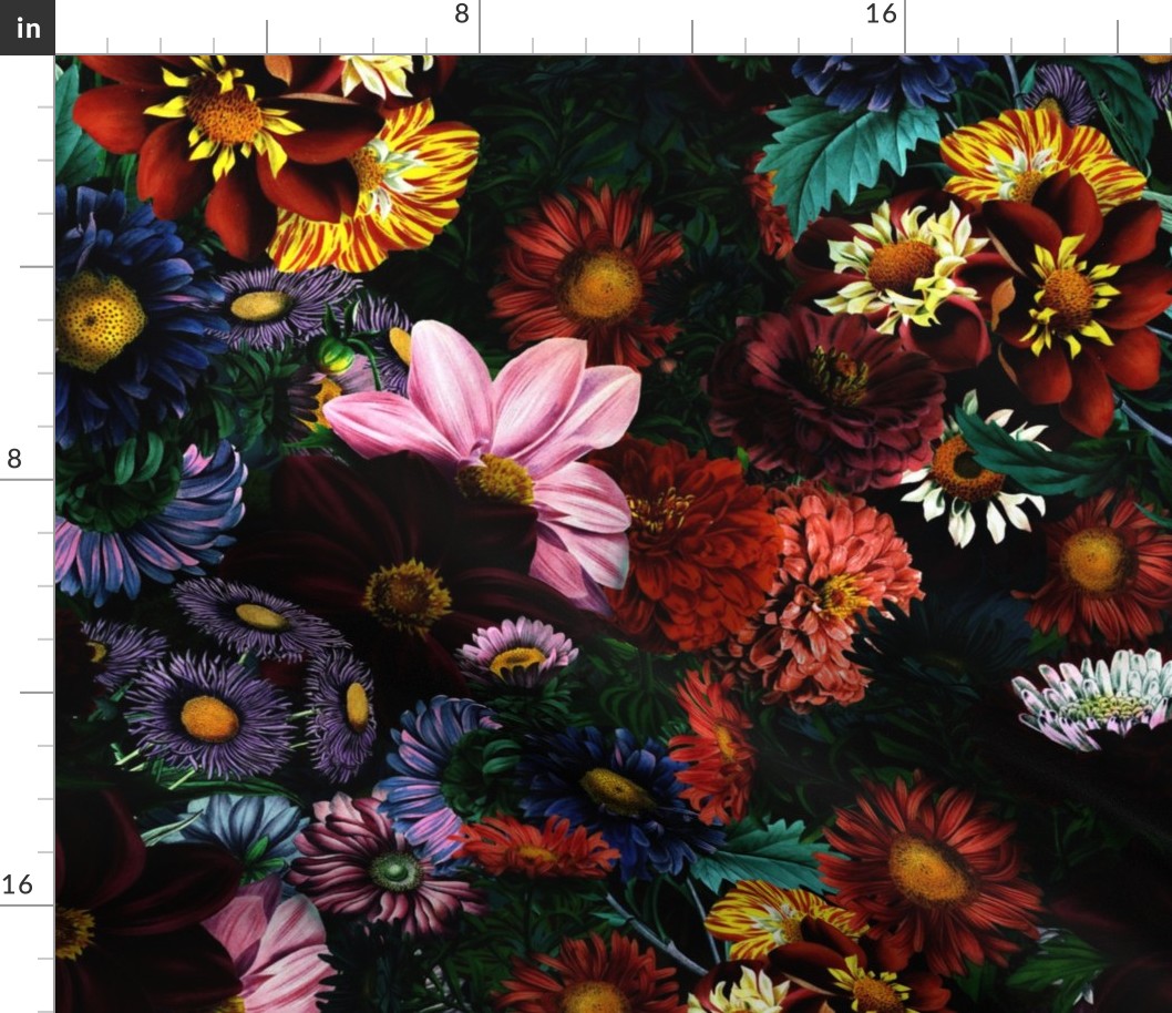 Nostalgic Dark Midnight Flower Garden - Dahlias - Asters All Kind of Fall Flowers - black moon light