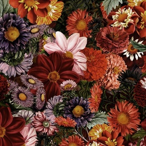 Nostalgic Dark Midnight Flower Garden - Dahlias - Asters All Kind of Fall Flowers - black colorful  - warm summer day