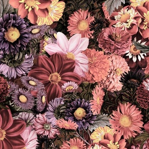 Nostalgic Dark Midnight Flower Garden - Dahlias - Asters All Kind of Fall Flowers - sepia
