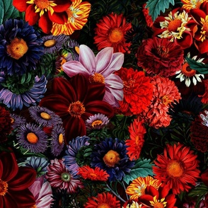 Nostalgic Dark Midnight Flower Garden - Dahlias - Asters All Kind of Fall Flowers - black colorful 