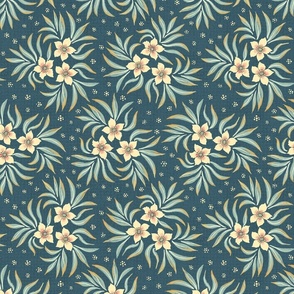 Vanilla cream colored flowers on moody medium dark muted blue wallpaper - medium scale