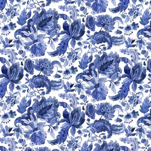 Jacobean flower ramage watercolor blue