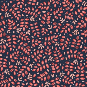 Twigs red on navy blue // small scale 0002 D //  twig leaves leaf dots navy bright red pink  dark background 