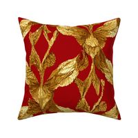 Fancy Elegant Red and Gold  Feather Pattern Leaf Metallic Art Deco 