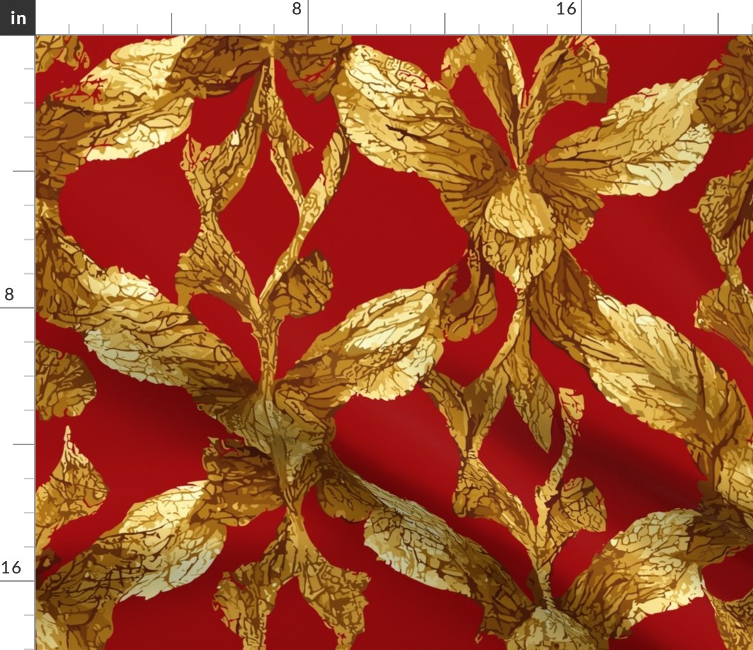 Fancy Elegant Red and Gold  Feather Pattern Leaf Metallic Art Deco 