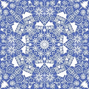 Christmas snowy houses radial design white on dark blue