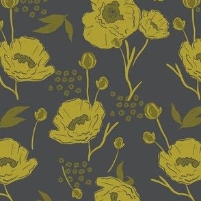 Vintage Modern Poppy Pattern in Acid Green and Dark Charcoal