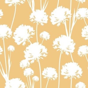 White airy dandelions on a yellow background