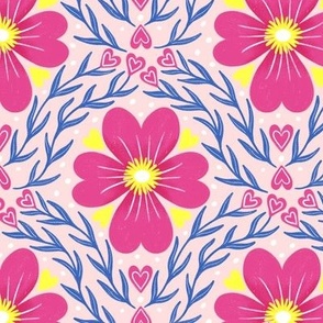 Valentine Hearts Folk Floral | MED Scale | Hot Pink, Blue, Yellow, White