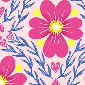 Valentine Hearts Folk Floral | LG Scale | Hot Pink, Blue, Yellow, White