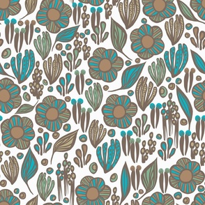 CT2520 Desert Garden Teal and Taupe on White Background