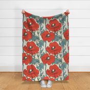Giant Poppy Floral Wallpaper III - Red, Green, Tan/Cream