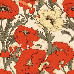 Giant Poppy Floral Wallpaper II - Red, Green, Tan/Cream