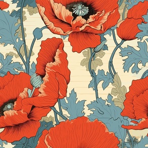 Giant Poppy Floral Wallpaper I - Red, Green, Tan/Cream