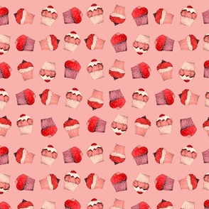 Cupcake seamless pattern (all over) pink cakes over strawberry background