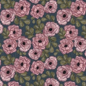Small - Blush Watercolour Wild Roses - Navy Teal Texture