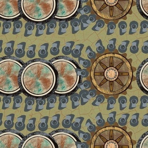 Veterans Day  Memorial Day, Remembrance Day abstract of tank wheels and tracks on crackled background khaki green 12” repeat