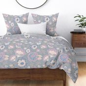 Large Floral with Outlines, Grey, Peach, Lilac