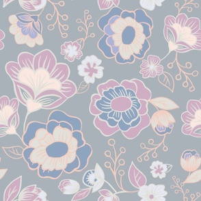 Large Floral with Outlines, Grey, Peach, Lilac