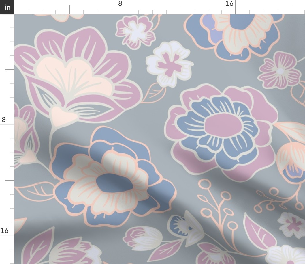 Large Floral with Outlines, Grey, Peach, Lilac