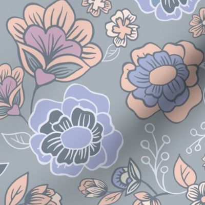 Large Floral with Outlines, Grey, Peach, Lilac