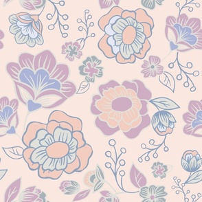 Large Floral with Outlines, Grey, Peach, Lilac