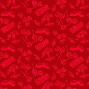 Candy Love Scatter Print in Rose on Red Holiday Sweets Suckers Pop Chocolate Hearts