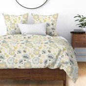 Large Soft Yellow Cream Blue Floral