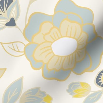 Large Soft Yellow Cream Blue Floral