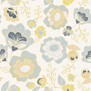 Large Soft Yellow Cream Blue Floral