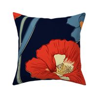 Blooming Poppies Asian Japanese Wood Block Print Style Floral Wallpaper I - Dark blue, Red, Navy