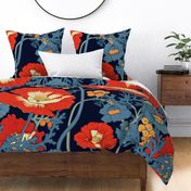 Blooming Poppies Asian Japanese Wood Block Print Style Floral Wallpaper I - Dark blue, Red, Navy