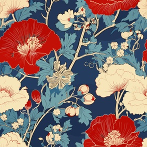 Blooming Poppies Asian Japanese Wood Block Print Style Floral Wallpaper 2 - Dark blue, Red,  Navy