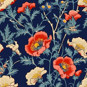 Blooming Poppies Asian Japanese Wood Block Print Style Floral Wallpaper 3 - Red, Dark blue, Navy