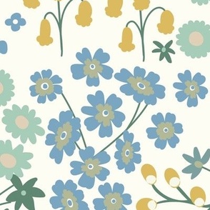 Happy Indie garden flowers  for bedding in soft green, blue, sand and beige, large scale
