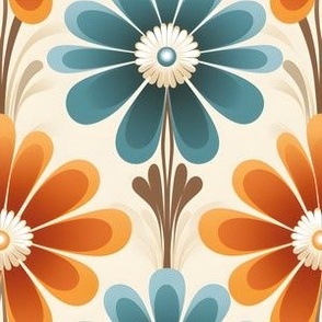 Blue & Orange Flowers on Cream - medium