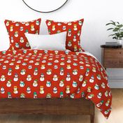 Large Scale Colorful Snowmen on Retro Red