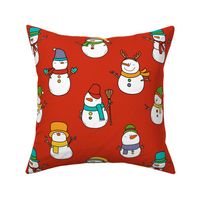 Large Scale Colorful Snowmen on Retro Red