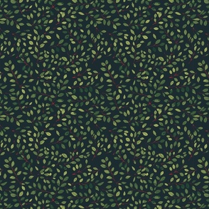 flying falling leaves in shades of green with red stems on dark green - small scale