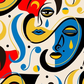 Man and Woman Faces with tears - cubism -Big Size