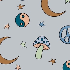 Celestial Pattern for Boys - Moon, Mushrooms, Yin Yangs, Peace Sign