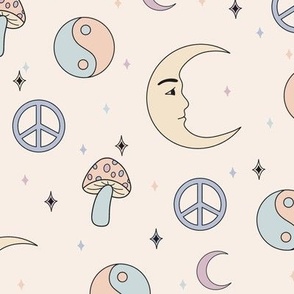 Gender Neutral Celestial Pattern - Moon, Mushrooms, Yin Yangs, Peace Signs