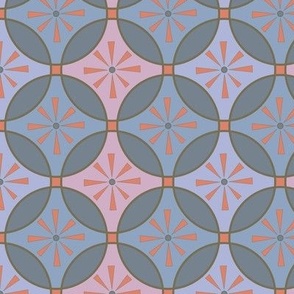 Interlocking Circles of Pink, Blues, Lavender and Orange with Star Center.  