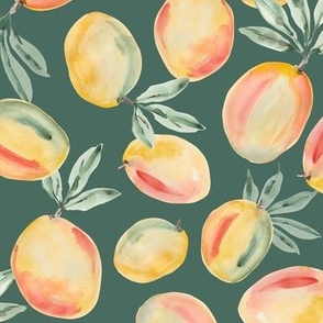 Watercolor painting of yellow mangoes on green pine background