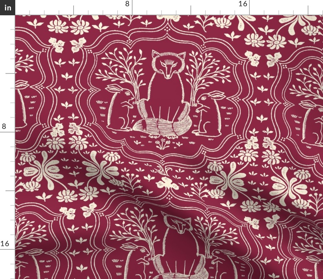 HARE AND FOX LARGE - LIBRARY TOILE COLLECTION (MERLOT)