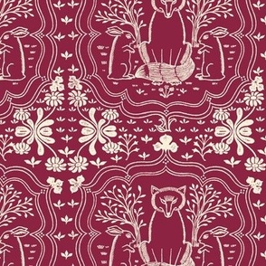 HARE AND FOX SMALL - LIBRARY TOILE COLLECTION (MERLOT)