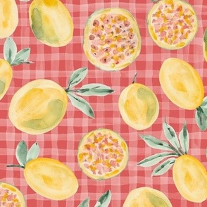 Watercolor painting of yellow passion fruit on coral gingham background