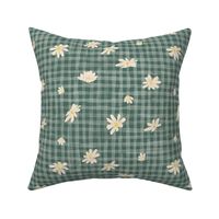 Chamomile Blooms on Green Pine Gingham Textured Stripes